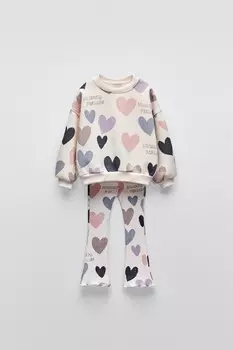 Комплект из толстовки с принтом в виде сердца и расклешенных леггинсов ZARA, светло-бежевый