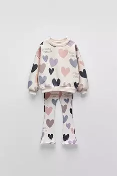 Комплект из толстовки с принтом в виде сердца и расклешенных леггинсов ZARA, светло-бежевый
