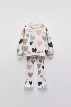 Комплект из толстовки с принтом в виде сердца и расклешенных леггинсов ZARA, светло-бежевый