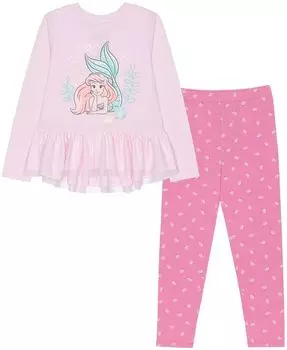 Комплект из топа Ariel с баской с длинными рукавами и леггинсов для маленьких девочек Disney, розовый