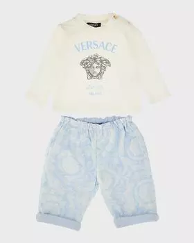 Комплект из топа и брюк с логотипом для девочек, размер 3–18 м Versace, цвет White/Light Blue