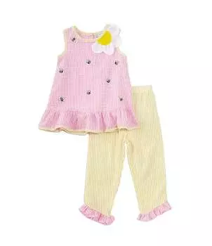 Комплект из топа и брюк в клетку без рукавов Rare Editions для маленьких девочек 2T-6X с вышивкой Schiffli-Bee, розовый