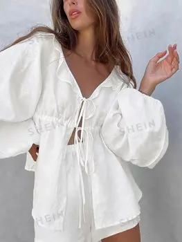 Комплект из топа и шорт Essnce для женщин больших размеров Рубашка с бантом и принтом Расклешенные рукава Boffa, весна, лето, осень Shein, белый