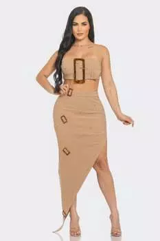 Комплект из топа и юбки с пряжкой спереди и люверсом FASHNZFAB, серо-коричневый