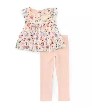Комплект из топа из сетки с бабочками и цветочным принтом Rare Editions Little Girls 2T-6X и однотонных трикотажных леггинсов, белый