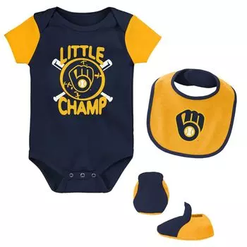 Комплект из трех боди, нагрудника и пинеток Milwaukee Brewers Little Champ темно-синего/золотого цвета для новорожденных и младенцев Outerstuff
