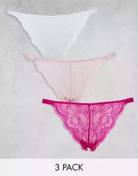 Комплект из трех бразильских стрингов ASOS Design из белого, вишневого и розового кружева с эластичной резинкой на талии