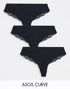 Комплект из трех черных стрингов из прозрачной ткани и кружева ASOS DESIGN Curve