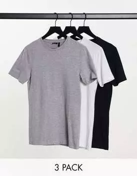 Комплект из трех футболок облегающего кроя с круглым вырезом ASOS DESIGN белого, серого и черного цветов