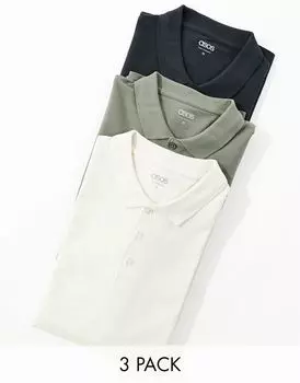 Комплект из трех футболок-поло из пике с длинными рукавами ASOS DESIGN разных цветов