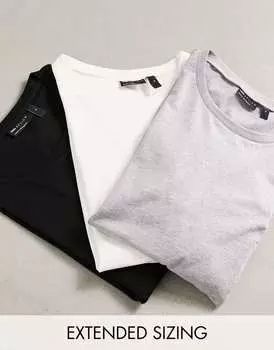 Комплект из трех футболок с длинными рукавами и круглым вырезом ASOS DESIGN белого, черного и серого цвета