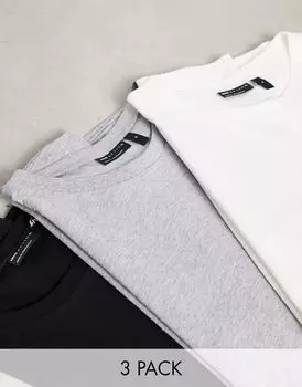 Комплект из трех футболок с круглым вырезом ASOS белого, серо-верескового и черного цветов
