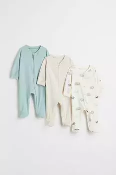 Комплект из трех пижам на молнии H&amp;M, бирюзовый/светло-бежевый