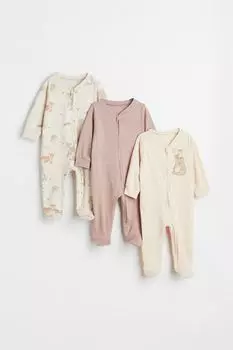 Комплект из трех пижам на молнии H&amp;M, натуральный белый/деревянные животные