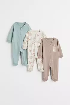 Комплект из трех пижам на молнии H&amp;M, светло-бирюзовый/деревянные животные