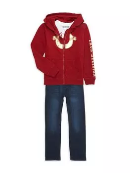 Комплект из трех предметов: футболка с логотипом, худи и джинсы для мальчика True Religion, цвет Red Dahlia