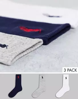 Комплект из трех спортивных носков серого/белого/темно-синего цвета Polo Ralph Lauren с большим логотипом игрока в поло