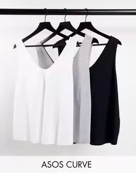 Комплект из трех топов на бретелях из смесового хлопка с круглым вырезом ASOS DESIGN Curve Ultimate - MULTI