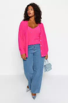 Комплект из трикотажа с блузкой и кардиганом Pink Stone Trendyol, розовый