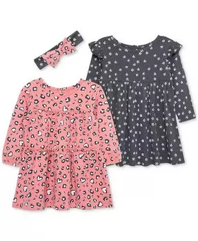 Комплект из трикотажного платья с леопардовым принтом и повязкой на голову 3 шт. Little Me, мультиколор