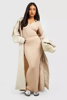 Комплект из вязаного топа в рубчик с воротником-поло Petite и макси-юбки boohoo, бежевый