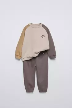 Комплект из вышитой толстовки и джоггерсов ZARA, цвет mid-camel