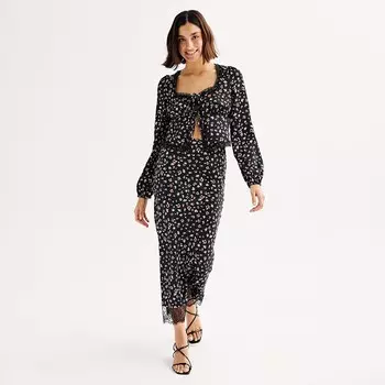 Комплект Juniors' Love, топа с завязками спереди и юбки миди Love, Fire, цвет Black Ditsy Floral