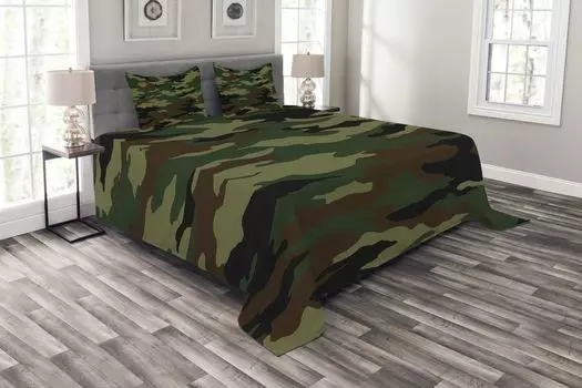 Комплект камуфляжного покрывала ABAKUHAUS, Uniform Inspired Fashion, комплект с моющимися наволочками, для односпальных кроватей 264 x 220 см, зеленый коричневый лесной зеленый