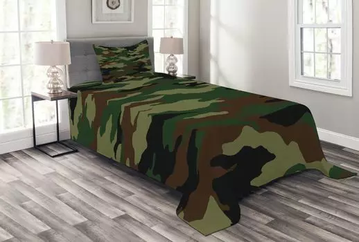 Комплект камуфляжного покрывала ABAKUHAUS, Uniform Inspired Fashion, комплект с моющимися наволочками, для односпальных кроватей 170 x 220 см, зеленый коричневый лесной зеленый