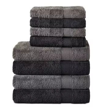 Комплект Komfortec из 8 полотенец из 100% хлопка, 4 банных полотенец 70х140 и 4 полотенец для рук 50х100 см, махровая ткань, мягкая, большая, антрацитовый серый/лепестковый розовый.