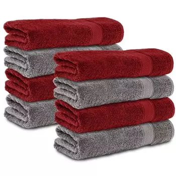 Комплект Komfortec из 8 полотенец размером 50х100 см из 100% хлопка, 470 г/м, махровая ткань, мягкая, антрацитовый серый/красная Аврора