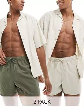 Комплект коротких купальных шорт ASOS DESIGN, бежевый и хаки