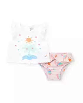 Комплект купальника для девочки с белой футболкой с пальмой и розовыми трусиками с рюшами Tuc tuc, белый