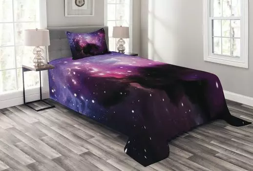 Комплект квадратного покрывала ABAKUHAUS, картина Nebula Cosmos, комплект с моющимися наволочками, для односпальных кроватей 170 x 220 см, фиолетово-синий