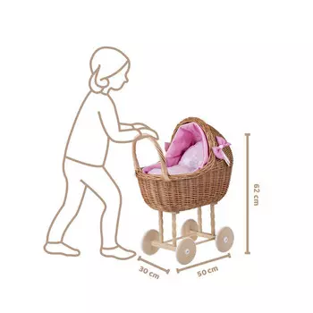 КОМПЛЕКТ Lili TOY ПЛЕТЕНАЯ КОЛЯСКА И ЛЮЛЫЧКА ДЛЯ КУКЛ С РОЗОВЫМ ПОКРЫТИЕМ 50x30 H62 / 46x28 H20/25 CM WickerPL