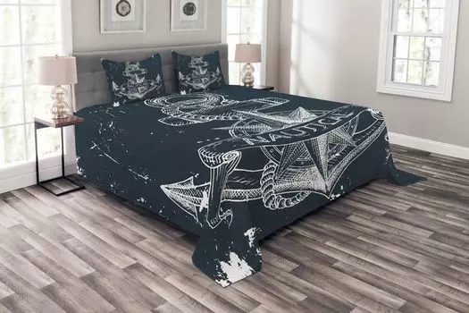 Комплект морского покрывала ABAKUHAUS, компас с узлом якоря, комплект с моющимися наволочками, для односпальных кроватей 220 x 220 см, темно-синий белый