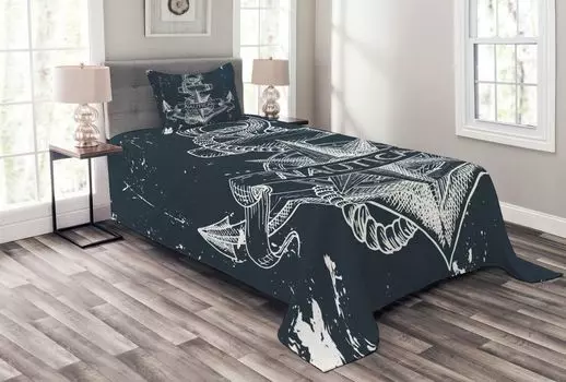 Комплект морского покрывала ABAKUHAUS, компас с узлом якоря, комплект с моющимися наволочками, для односпальных кроватей 170 x 220 см, темно-синий белый