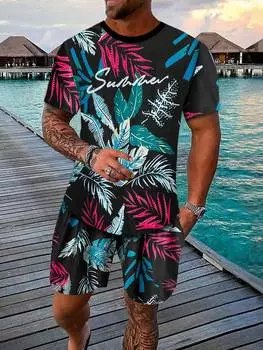 Комплект мужской из футболки и шорт Manfinity RSRT с тропическим принтом и буквами, черный / красный / синий