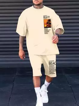 Комплект мужской из футболки и шорт Manfinity RSRT с принтом кокосовой пальмы и букв, абрикосовый