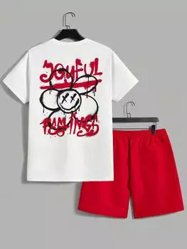 Комплект мужской из футболки и шорт Manfinity EMRG с цветочным и буквенным принтом, белый / красный