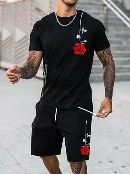 Комплект мужской из футболки и шорт Manfinity Homme с надписью и розами, черный