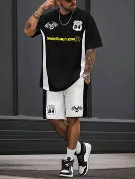 Комплект мужской из футболки и шорт Manfinity EMRG с буквенным принтом, черный / белый