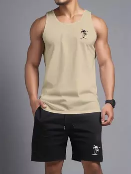 Комплект мужской из майки и шорт Manfinity Homme с принтом пальм, хаки