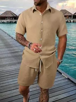 Комплект мужской из рубашки с коротким рукавом и шорт на шнурке Manfinity Hypemode, хаки