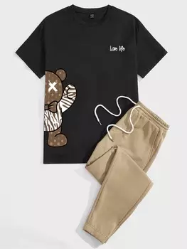 Комплект мужской из трикотажной футболки и длинных брюк Manfinity, черный / коричневый