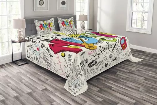 Комплект музыкального покрывала ABAKUHAUS, поп-арт Doodle Art, комплект с моющимися наволочками, для односпальных кроватей 264 x 220 см, разноцветный