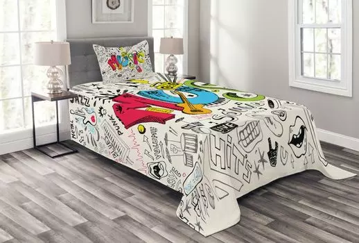 Комплект музыкального покрывала ABAKUHAUS, Pop Art Doodle Art, комплект с моющимися наволочками, для односпальных кроватей 170 x 220 см, разноцветный