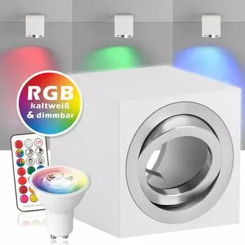 Комплект накладных точечных светильников RGB LED GU10 белого цвета со светодиодом 3 Вт от LEDANDO - 11 цветов + холодный белый - вкл. пульт дистанционного управления - с регулируемой яркостью - накладной точечный светильник - накладной светильник