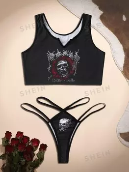 Комплект нижнего белья Goth Графическое изображение скелета, вырезанное вогнуто Romwe, черный