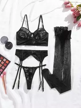 Комплект нижнего белья из цветочного кружева, каркас, носки, 1 пара Shein, черный